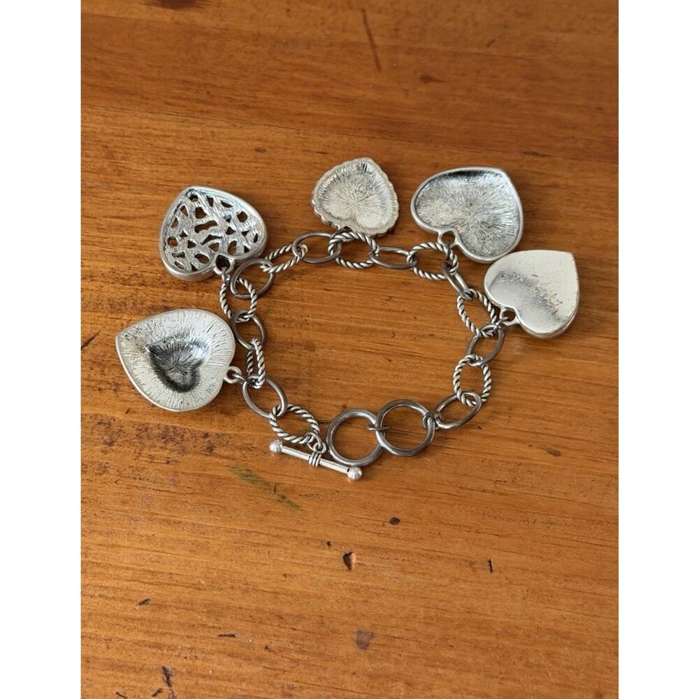 Silver Tone Heart Charm Bracelet Dangle Romantic Jewelry Gift Idea - Picture 8 of 9